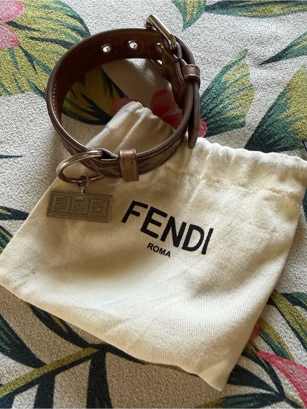 Fendi Brown Leather dog collar with FF Logo Charm.